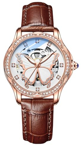 RORIOS Damen Uhren Leuchtend Skelett Armbanduhren Automatische Mechanische Uhren Lederband