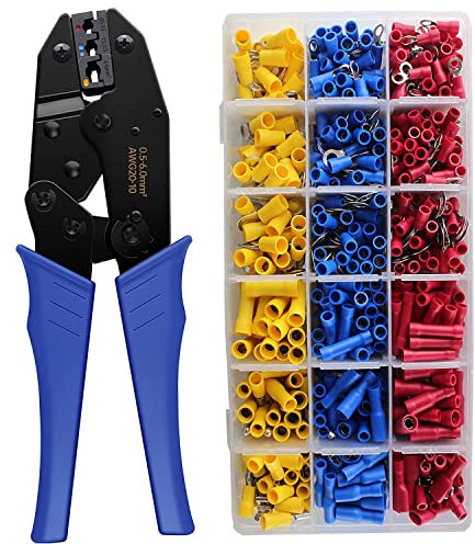 Flytuo Crimpzange Kabelschuhe Set, Kabelschuhzange Crimpzange mit Ratschenfunktion,Crimpzange für AWG20-10/0.5-6mm² Die starkwecker und kupplungskabel. Sie haben die 700 Stück Kabelschuhe Set.
