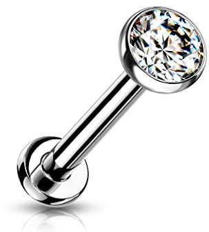 Paula & Fritz® Push-In Labret Piercing Zirkonia 2-mm Klar Titan-IUM Grade 23 Piercing 1,2-mm Stab-Dicke 8-mm Lang Madonna Medusa Monroe Tragus Helix