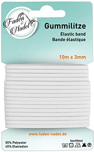 Faden & Nadel 3 mm Gummilitze : elastisches Gummiband, in weiß, 10 m lang, Kochfest u. bügelbar