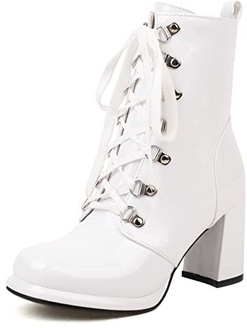 Lizoleor Donna Punta Rotonda Moda Cordoncino Vernice Stivali Da Motociclista Zip Festa Warm Tacco A Blocco Ankle Stivaletti Sposa Bianco Numero 46 EU/48Cn