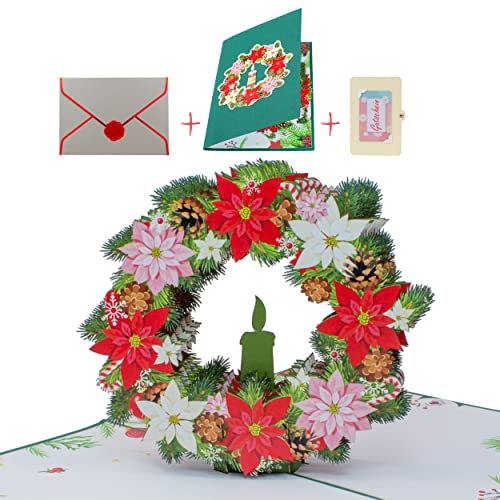 uniqHeart® Handgemachte 3D Pop-Up Weihnachts-Karte Weihnachts-Kranz -inkl. edlem Wachs-Siegel und elegantem Geschenk-Umschlag - Frohe Weihnachten - Adventskranz - Weihnachts-Grüße - Xmas