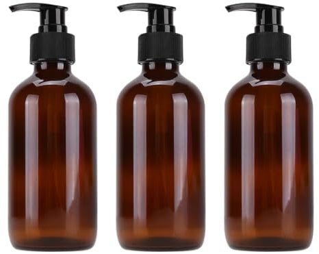 3Pcs Brown Glass Pump Bottles 250Ml Refillable Travel Dispenser for Liquid Cosmetics and Lotions - Leakproof Emulsion Storage for Home and Kitchen