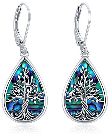 Eusense Arbre de Vie Boucle d'Oreille Goutte d'Eau Arbre Pendantes Boucles d'Oreilles Crochet Coquille d'Ormeau Famille Bijoux Cadeau pour Femme Filles
