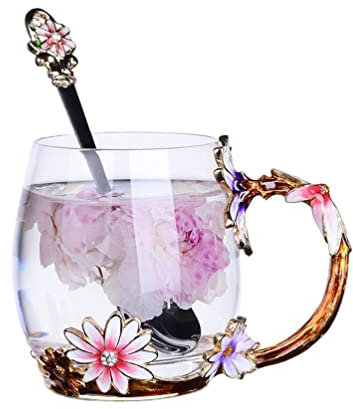 Biigming Tazza da Tè in Vetro Smaltato, Farfalla Fiori Tazza da Tè con Cucchiaio in acciaio, idea Regalo Perfetta per donne, moglie, fidanzata, festa della mamma, San Valentino(rosa margherita 330ml)