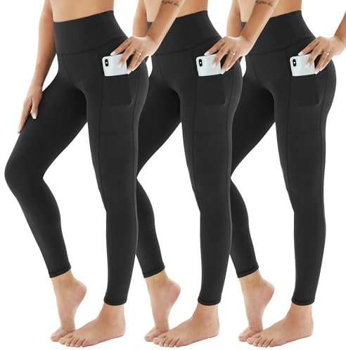 AMIYOYO Sport Leggings Damen mit Tasche High Waist Leggins Blickdicht Sporthose Bauchweg Sportleggins Lang Dehnbar Hose Yoga für Gym Fitness 3er Pack(A-Schwarz*3,S-M=DE34-40)