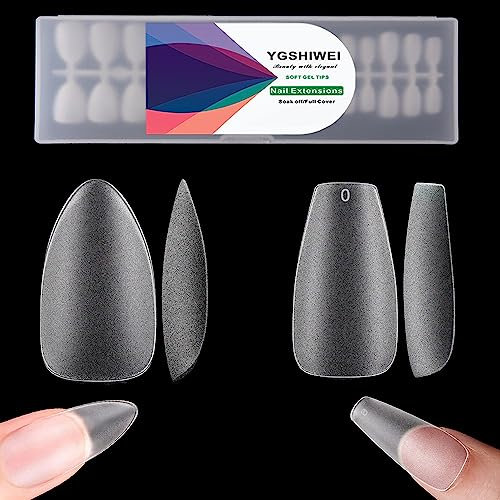 YGSHIWEI 360 piezas de uñas postizas de gel suave, 2 modelos, media ataúd y almendra uñas postizas, sin lima de cobertura completa, Pre-Buff uñas artificiales con caja, bailarina, 15 tamaños
