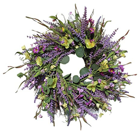 Hemore Lavender Wreath, 24inch Artificial Wildflowers Lavender Wreaths for Front Door, Wall Hanging Summer Spring Garland for Wall Window Wedding Party Decoration