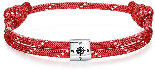 J.Endéar Kompass Nautische Paracord Armband für Herren, Silber 925 Handgefertigtes Seil Unisex Armband Surfer Sommer Strand Schmuck Partner Freundschaft Geschenk, Rot