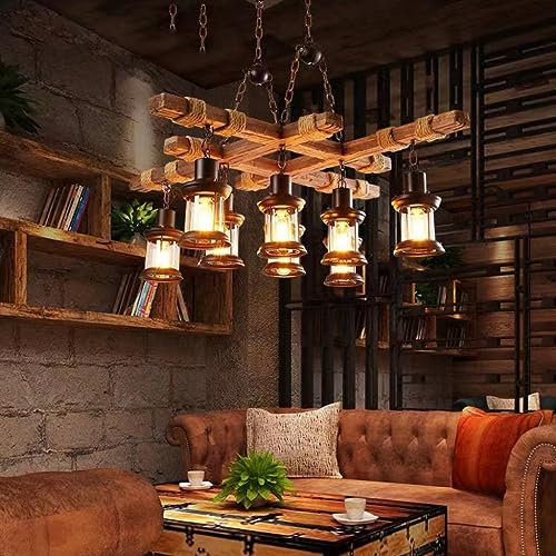 DHGIE Holz Pendellampe Industrie Pendelleuchte Pendelleuchte Hängeleuchte Esszimmer Küche Wohnzimmer Bar Cafe Indoor Lampe Leuchte Kronleuchter Retro Metall Höhenverstellbar Pendellampe