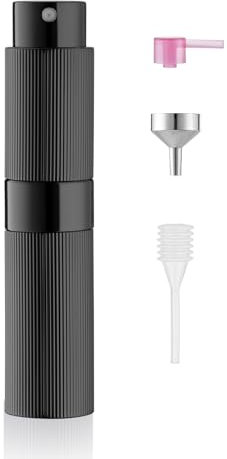 Toureal Diseño de Rayas Finas Aluminio 8ml Atomizador Perfume Recargable, Perfumador Dispensador de Viaje, Spray Pulverizador Pequeño para Colonia (Negro)