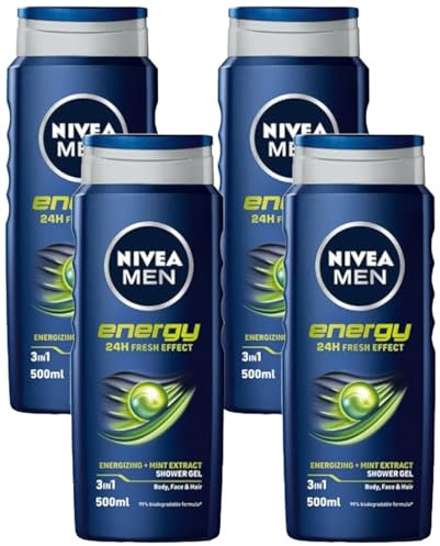 NIVEA MEN Gel Douche Energy (1 x 500 ml) - Soin lavant enrichi en extrait de menthe vivifiante - Gel douche homme 3 EN 1 — Soin nettoyant Corps Visage & Cheveux Vivifiant Effet Fraîcheur 24H