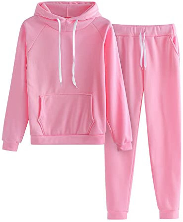 IQYU Tuta da donna in cotone invernale tuta donna taglie forti tuta sportiva due pezzi tuta da tempo libero manica lunga felpa con cappuccio tuta sportiva con cappuccio e, Color Rosa, Large
