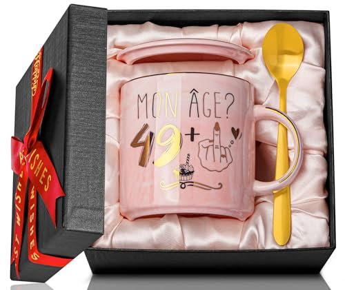 Doublewhale - Regalo 50 Años para Mujer, 49+1 Idea para Cumpleaños, Taza de Café 400 ml Con Impresión de Oro para Mamá, Hermana, Esposa, Tía
