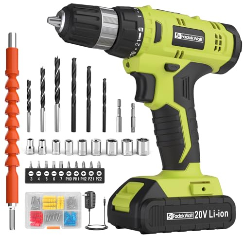 FADAKWALT Set trapano a batteria, trapano elettrico da 20 V con batteria e caricatore, coppia 30N, impostazione coppia 21+1, mandrino autoserrante da 3/8, kit punte per trapano elettrico a LED,