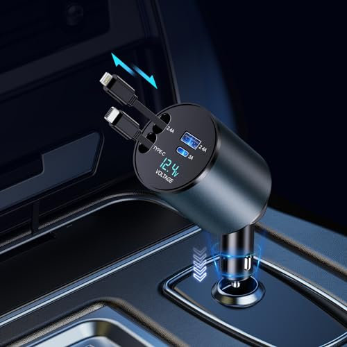 Lopnord Retractable Car Charger, 4 in 1 Car Phone Charger, Retractable 2 Charging Cables & 2 USB Ports Car Charger, Adapter for iPhone 16/15/14/13/12, for Samsung Galaxy 24/23/22,etc