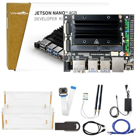 Yahboom Jetson Nano 4 GB Development Board+IMX219 Kamera+Acrylic Case (mit Lüfter) + Power Adapter+HDMI-Kabel+M.2 Netzwerkkarte+64 GB TF Card 16 GB eMMC for AI Robot Kit (WiFi Advanced Kit)