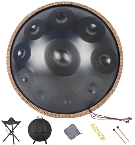 Handpan Drum - 22 Inch D Minor 10 Note Steel Hand Drum for Adults, Includes Soft Bag, Mallet, Stand - Black