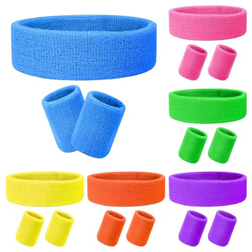 18 Stück Neon Schweißbänder Set Enthält 6 Stück Elastisches Sportschweißband und 12 Stück Handgelenk-Schweißbänder, Absorbierendes 80er Jahre Schweißband für Männer Frauen