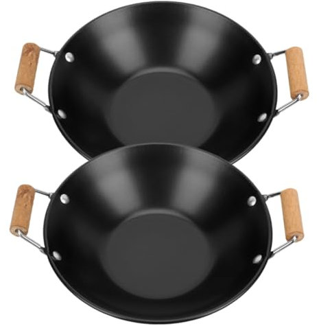 MILISTEN 2 Piezas Plancha De Acero Inoxidable Olla Para Saltear Sartenes De Hierro Fundido Wok De Hierro Fundido Curado Wok De Inducción Metal De Madera Pequeña Olla Individual