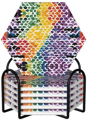 Sechseckige Keramik-Kork-Untersetzer, 6 Stück, Gay Pride, Regenbogen-Muster, Drucke: rutschfester Korkboden, passend für alle Kaffeetassen, Gläser und Tassen ​