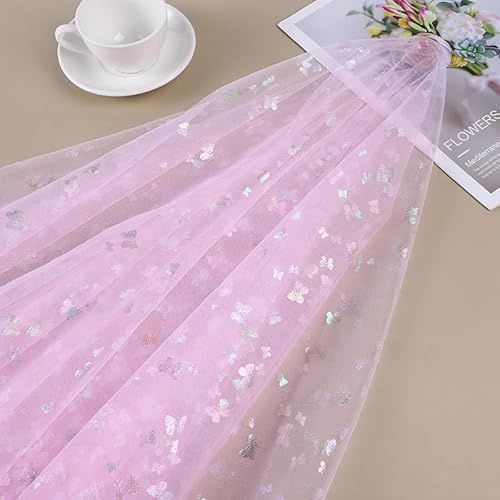 SYSUII 2m * 150cm Glitzer Tüll Dekostoff mit Schmetterling Dekostoff Kostümstoff zum Nähen Netzstoff Netztüll zum Dekorieren Basteln für DIY-Hochzeitskleider Tischdecken Deko -Rosa
