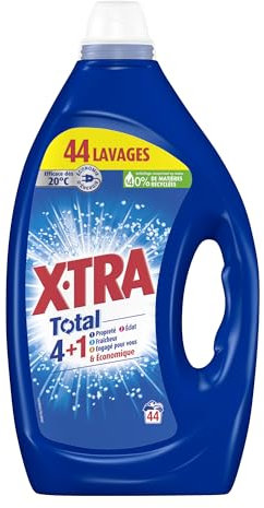 X, Tra Total - Lessive Liquide - 4 plus 1 - Propreté - Eclat - Fraîcheur - Engagé pour vous - Economique - Une seule lessive pour tout votre linge - Efficace des 20°C - 44 Lavages