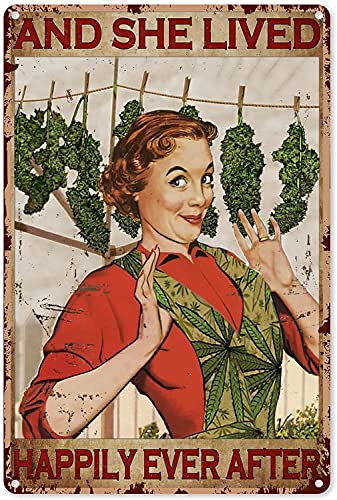 Oudrspo Cannabis Weed Art Metallposter Vintage And She Lived Happily Ever After Poster Blechschild Retro Plakette Wanddekoration Geschenk für Zuhause Küche Büro Club Bar Fitnessstudio 20,3 x 30,5 cm