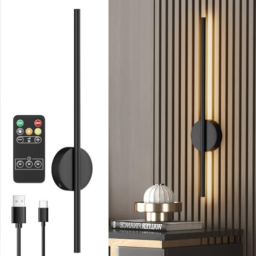 Aipsun akku Wandleuchte mit Fernbedienung innen, 10000mAh - 60CM Lang Schwarz 5W 360° Drehbare Wohnzimmerlampe mit Dimm- und Timing-Funktionen, 3000K-6000K, für Wohnzimmer, Schlafzimmer, Esszimmer
