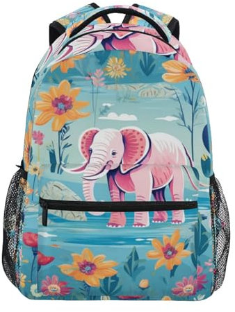 Linnyio Blumenmuster Rosa Elefant Mädchen Jungen Schulrucksack - Verstellbare & Bequeme Tragegurte, Geräumig mit Mehreren Taschen für Schule Studententaschen