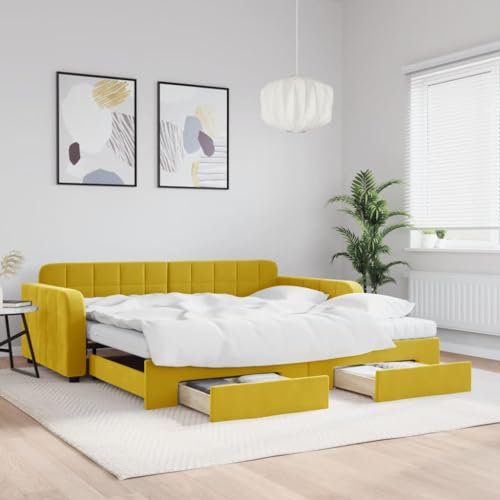 ZQQLVOO Bed Frame Lattenrost Palettenbett Bodenbett Tagesbett Ausziehbar mit Schubladen Gelb 100x200 cm Samt