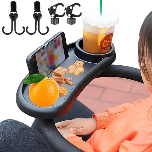 Baby Stroller Snack Tray with Cup Holder 3 in 1 Universal Stroller Food Tray Removable Stroller Organizer with Adjustable Buckle & Hooks Reusable Stroller Snacks Holder for Pram accessories Pushchair