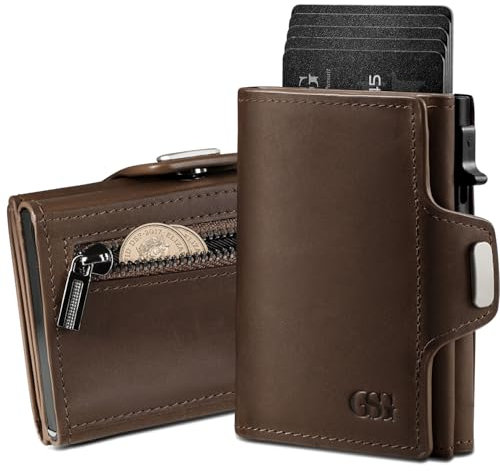 GSG SINCE 1998 Herren Geldbörse aus Leder,Slim Wallet mit Münzfach & RFID-Schutz Kreditkartenetui Portmonee für 9-10 Karte, schlanker Geldbeutel für Männer Dunkelbraun