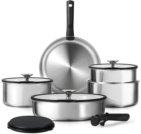 CAROTE 12pcs Pots and Pans Set, Glossy Stainless Steel Cookware Set, Induction Kitchen Cookware Sets with Removable Handle, RV Cookware Set, Oven Safe, Camping Cookware, Black