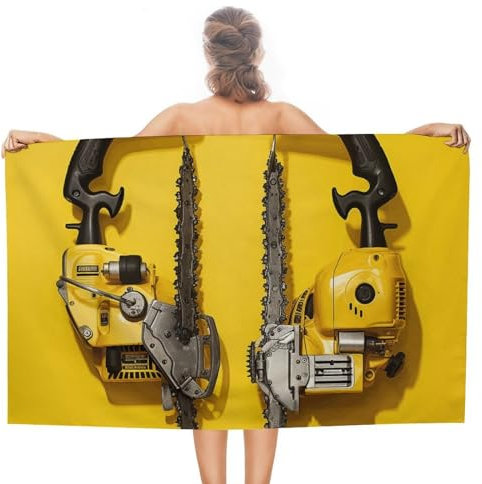 NTVOWPZO Beach Towels for Adults Pool Towels Yellow Two Chainsaws Beach Blanket Absorbant Large Beach Towel Lightweight Travel Towels Quick Dry Towel for Women Men Beach Essentials