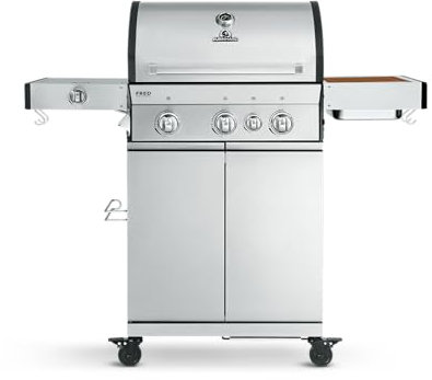 BURNHARD 3-Brenner Gasgrill FRED Deluxe Series 3 inkl. Backburner, 900°C Infrarot-Keramikbrenner, Seitenkochfeld, Edelstahl-Grillrost, Grillabdeckung, Edelstahl Grillwagen + klappbare Seitentische