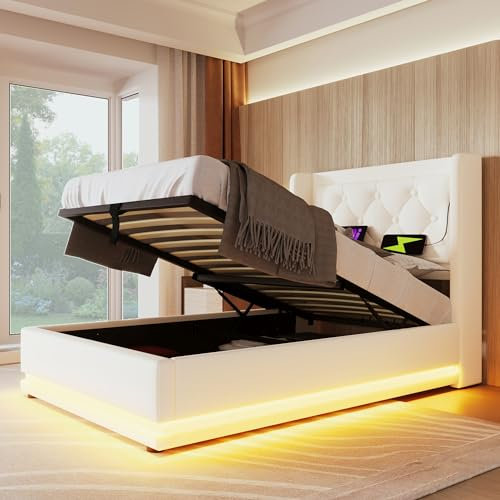 Polsterbett 90x200 cm, Bettrahmen mit LED-Beleuchtung und Ladestation, LED Einzelbett mit Stauraum und Lattenrost, PU-Material Hydraulisch Stauraumbett Funktionsbett Jugendbett, ohne Matratze, Weiß