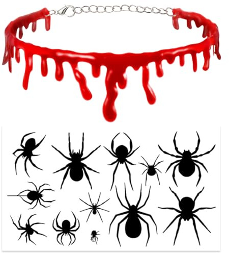 Epokus Halloween Blut Halskette mit Spinnenaufklebern,Vampir Blut Tropfen Choker,Unheimlich Blutkette Halskette,Blutige Narbe Halskette für Halloween Kostüme Party Cosplay Party Supplies