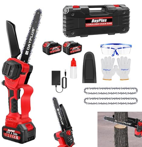 Mini-Kettensäge, bürstenlos, elektrische Mini-Kettensäge, 8 Zoll, mit 2 wiederaufladbaren Akkus und 2 Ketten, zum Beschneiden von Bäumen und Ästen, Holzschnitt, Rot