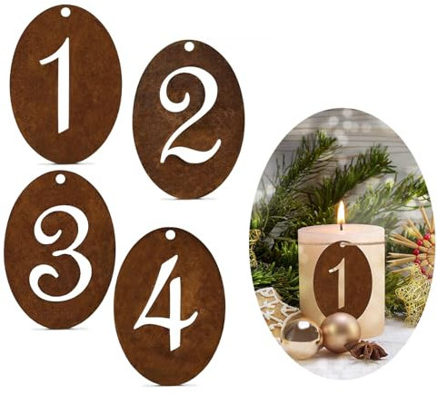HERZONE Metall Adventszahlen 1-4 Adventskranz Zahlen Holz 1 2 3 4 für Kerzen Kerzenhalter Holz Anhänger Deko Kerzenstecker Weihnachten Kerzen Dekoration Adventsdeko (Ellipse)