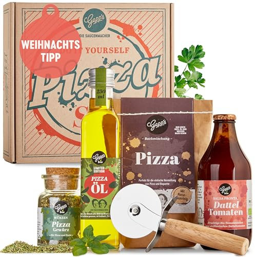 Gepp’s Feinkost DIY Pizza Geschenkset I Knusprige und leckere Pizza zum Selbermachen I Geschenk mit Pizzateig nach neapolitanischer Art, Sugo aus Kirsch- und Datteltomaten, Pizzaöl und Bio Pizzagewürz
