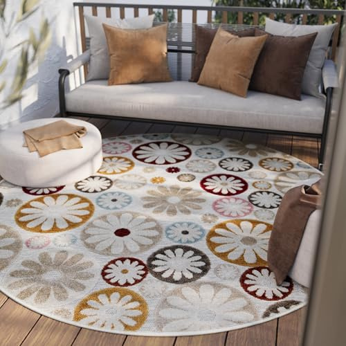 Wecon Home Flowerdrops gewebter Outdoor-Teppich, 200 cm rund, beige | moderner, wetterfester Outdoor Teppich, Blumen-Muster für Wohnzimmer, Esszimmer, Flur, Terrasse und Balkon