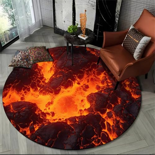 Runder Cooler Teppich Vulkan Flammen Lava Muster Wohnzimmer Heimdekoration Couchtisch Matte Schlafzimmer Spielstuhl Matte Esports Raum Rutschfester Teppich (Farbe 3,160cm)