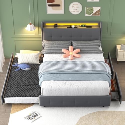 Matrimoniale Con Contenitore 140x200 cm, LED e USB - Letto Una Piazza e Mezza Con Estraibile e 2 Cassetti - Rete a Doghe, Struttura