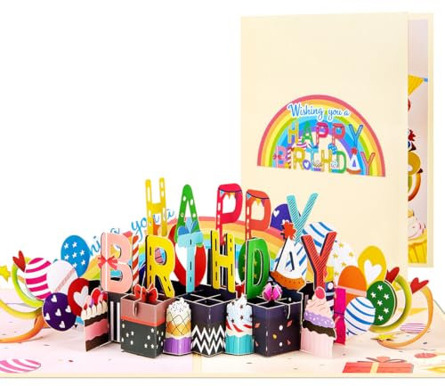 CNLITIHEKA Geburtstagskarte - Regenbogen Thema, Pop Up Geburtstag Grußkarten, 3D Geburtstagskarten, Happy Birthday Cards, für Kinder Familie Freunde, Umschlag enthalten.
