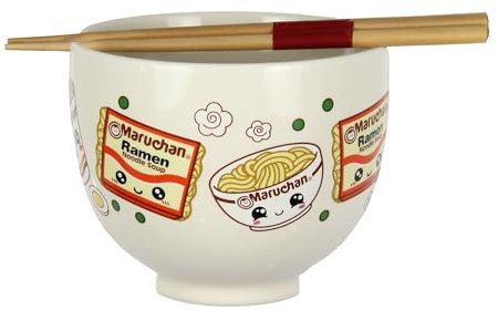 Mad Engine Ramen Bowl Maruchan Kawaii Noodles Microwave Dishwasher Safe Ceramic Bowl w/Reusable Bamboo Chopsticks (Kawaii Noodles)