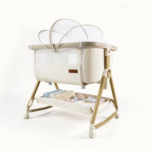 Maydolly Babybett, 3-in-1 Beistellbett Baby mit Rollen für Boxspringbett | 6-fach höhenverstellbar, Wiegefunktion, Matratze inklusive, Reisetasche inklusive, faltbar, Babybett, Babywiege, Reisebett