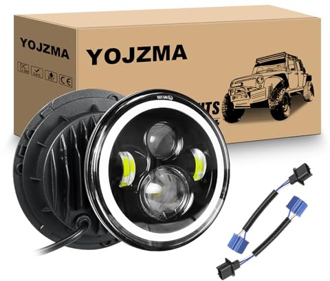 YOJZMA 2 STÜCKE 7 Zoll runder LED-Scheinwerfer, 4 LED-Motorradscheinwerfer, weißes Tagfahrlicht, Fern-/Abblendlicht, Bernstein Halo-Blinker, Winkelaugenlicht für Wrangler JK TJ LJ CJ Motorrad Davidson