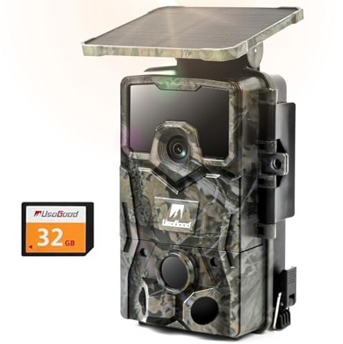 usogood Cámara de Caza Solar 4k 48mp, 0,2s Tiempo de Disparo de Camara Fototrampeo de Nocturna, Impermeable IP66, BateríA de Li-Ion de Alta Capacidad Incorporada con Tarjeta de Memoria 32GB