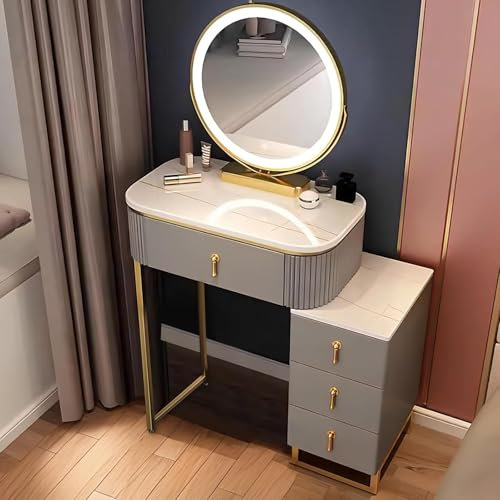 JIANRUI Kosmetiktisch mit LED Beleuchtung Spiegel Einstellbare Helligkeit, Schminktische mit 4 Schubladen aus Massivholz 70cm Frisiertisch für Schlafzimmer Wohnungen (Grau-ohne Hocker, 70cm/27.55in)
